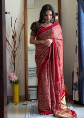 Red Ajrak Saree Set