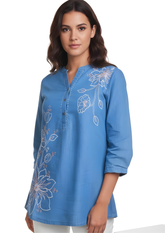 Women’s light blue embroidered long top with white floral design – Indu Heritage