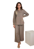 Model wearing contemporary taupe co-ord set that redefines subtle elegance. Designed with floral embroidery and a structured shirt-style top, this ensemble offers a polished yet relaxed look, perfect for office wear, travel, or brunch outings., relaxed top women’s ethnic fusion wear- Indu Heritage.Soft, breathable fabric for all-day comfort.Relaxed fit for all-day wear.Side pockets for added functionality.Lightweight, breathable cotton fabric ideal for all seasons.Soft, breathable fabric for all-day comfort