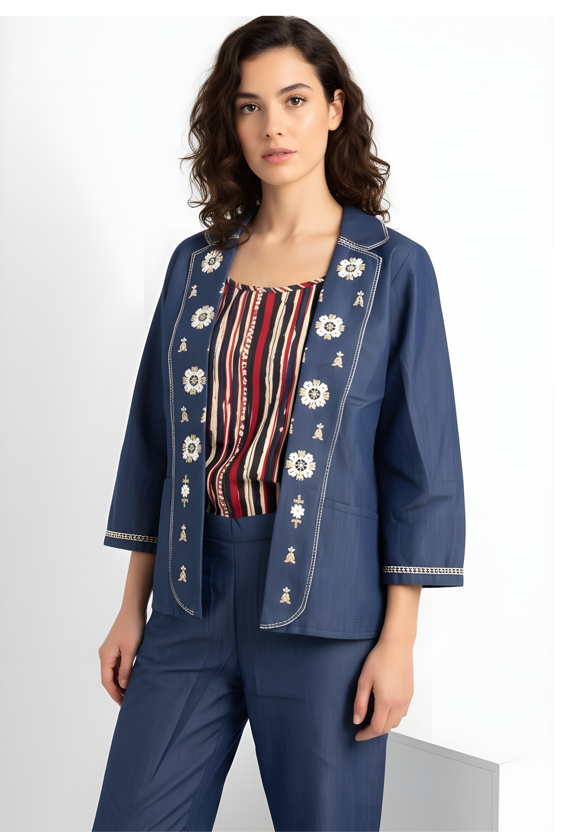 Blue three-piece co-ord set for women with embroidery for everyday office wear– Indu Heritage