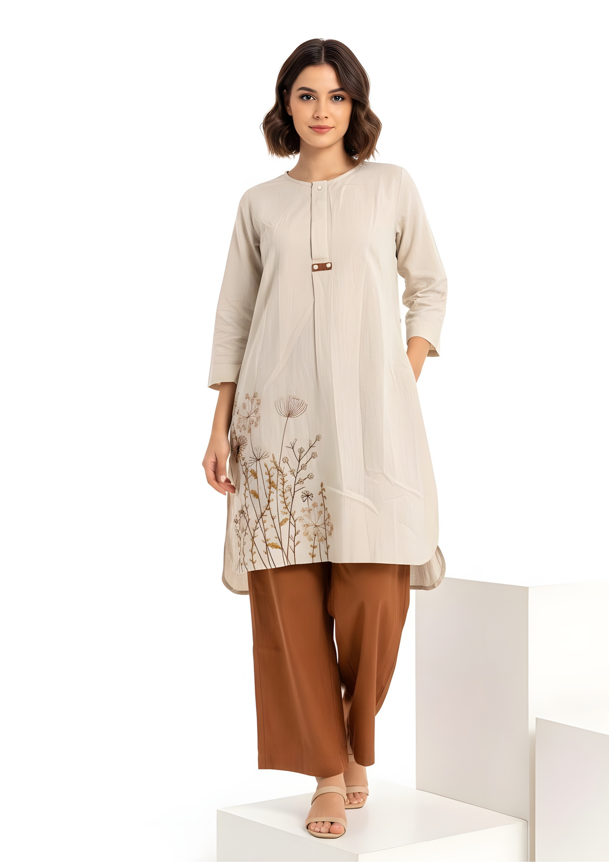 Woman wearing cream embroidered long kurta with floral motif paired with brown straight pants  Soft, breathable fabric ideal for daily and office wear, Lightweight, easy-to-style ethnic wear set with premium finish - elegant ethnic wear by Indu Heritage