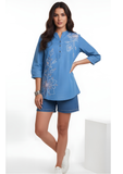 Women’s light blue embroidered long top with white floral design – Indu Heritage