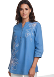 Women’s light blue embroidered long top with white floral design – Indu Heritage