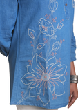 Women’s light blue embroidered long top with white floral design – Indu Heritage